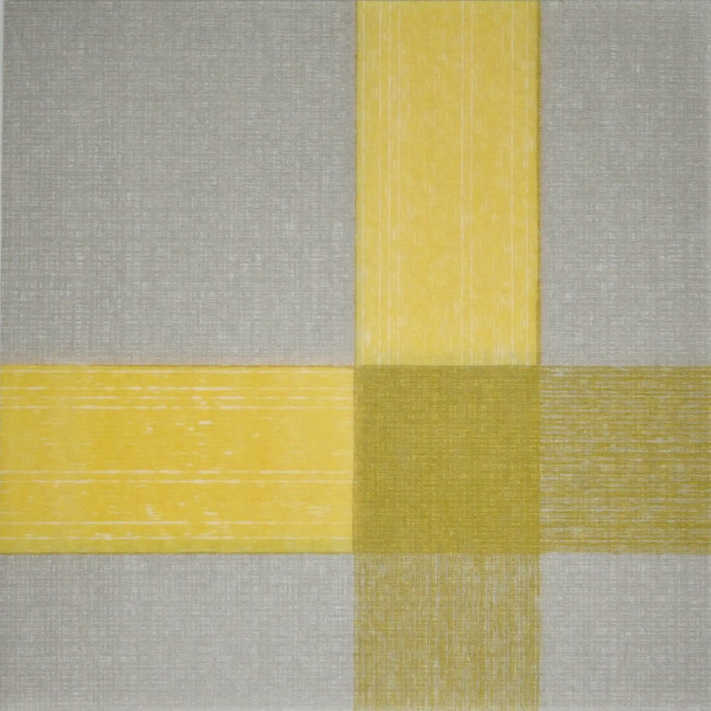 Detailansicht einer flachliegenden, modernen Airlaid-Serviette mit grafischem gelb-grauen Karo-Muster und stoffähnlicher Textur, 1/4-Falz